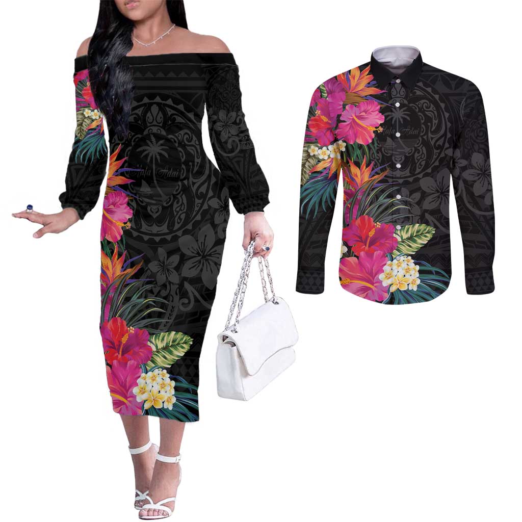 Hafa Adai Guam Couples Matching Off The Shoulder Long Sleeve Dress and Long Sleeve Button Shirt Tropical Flowers Colorful Vibes LT9 Black - Polynesian Pride
