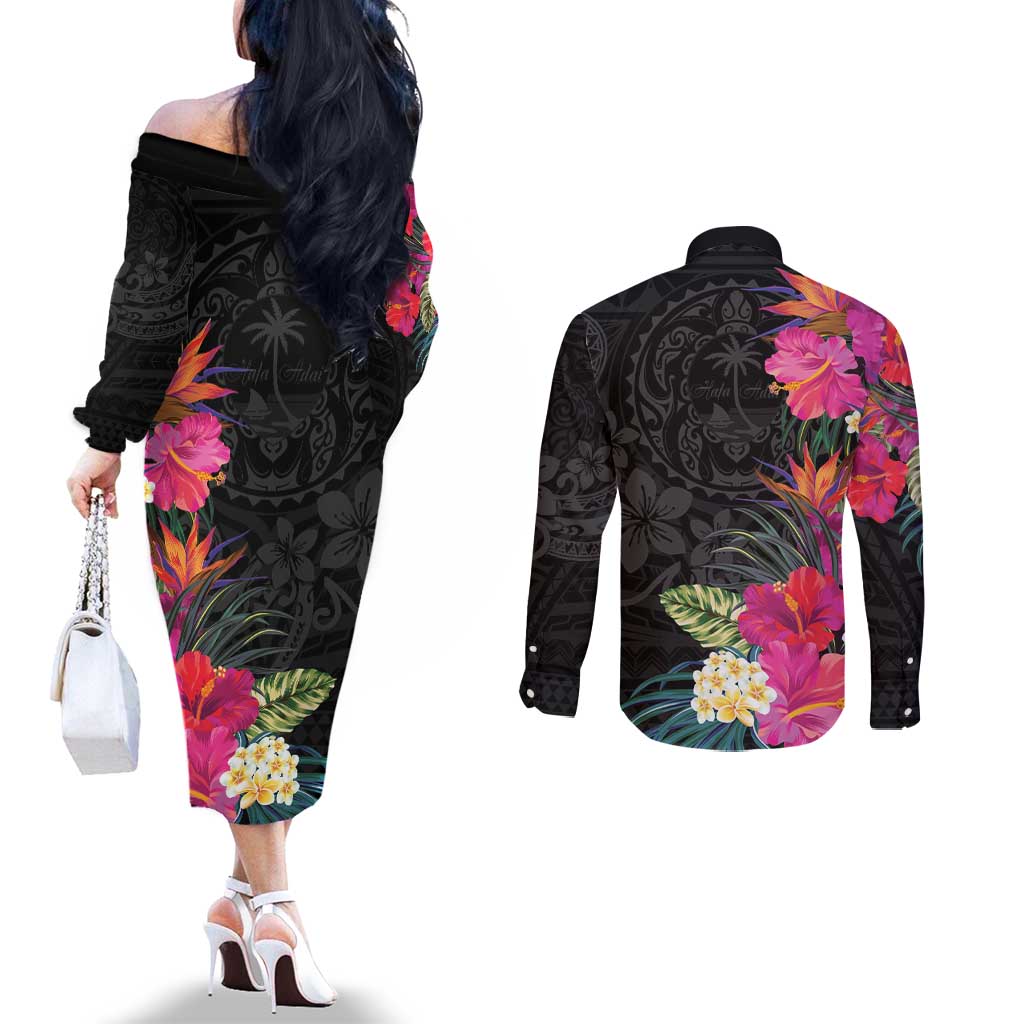 Hafa Adai Guam Couples Matching Off The Shoulder Long Sleeve Dress and Long Sleeve Button Shirt Tropical Flowers Colorful Vibes LT9 - Polynesian Pride