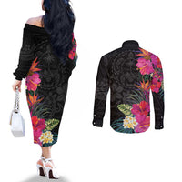 Hafa Adai Guam Couples Matching Off The Shoulder Long Sleeve Dress and Long Sleeve Button Shirt Tropical Flowers Colorful Vibes LT9 - Polynesian Pride