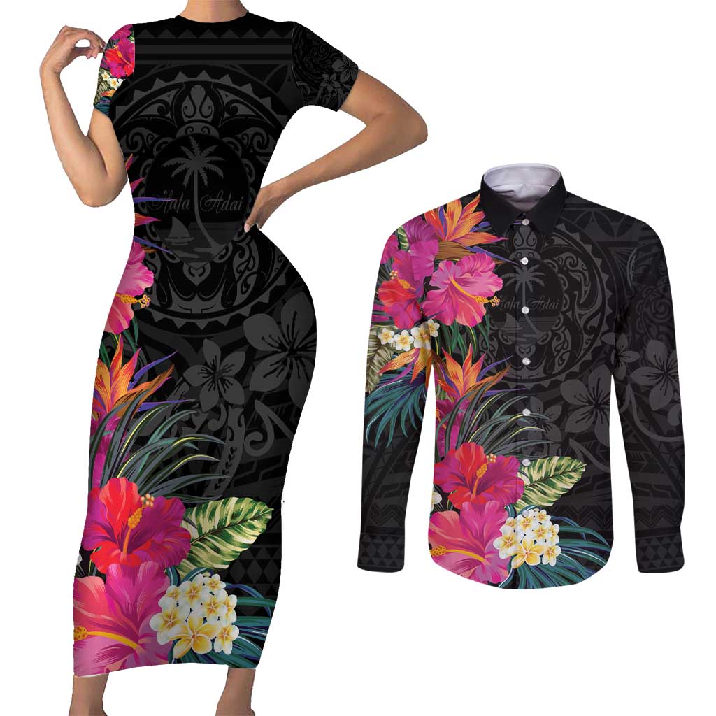 Hafa Adai Guam Couples Matching Short Sleeve Bodycon Dress and Long Sleeve Button Shirt Tropical Flowers Colorful Vibes LT9 Black - Polynesian Pride