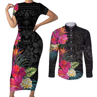 Hafa Adai Guam Couples Matching Short Sleeve Bodycon Dress and Long Sleeve Button Shirt Tropical Flowers Colorful Vibes LT9 Black - Polynesian Pride
