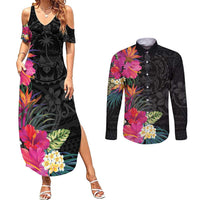Hafa Adai Guam Couples Matching Summer Maxi Dress and Long Sleeve Button Shirt Tropical Flowers Colorful Vibes LT9 Black - Polynesian Pride