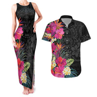 Hafa Adai Guam Couples Matching Tank Maxi Dress and Hawaiian Shirt Tropical Flowers Colorful Vibes LT9 Black - Polynesian Pride
