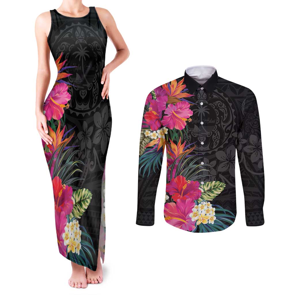 Hafa Adai Guam Couples Matching Tank Maxi Dress and Long Sleeve Button Shirt Tropical Flowers Colorful Vibes LT9 Black - Polynesian Pride