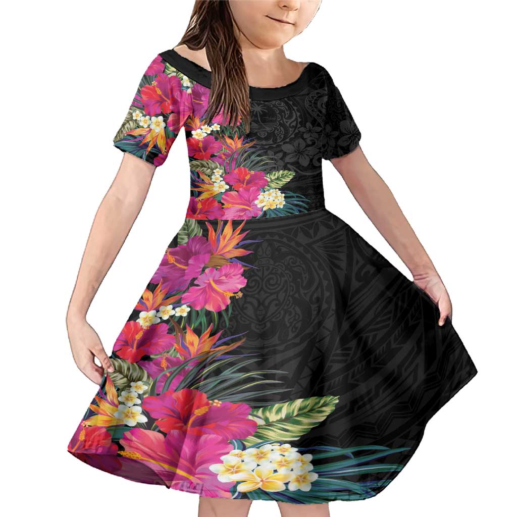 Hafa Adai Guam Family Matching Mermaid Dress and Hawaiian Shirt Tropical Flowers Colorful Vibes LT9 Daughter's Dress Black - Polynesian Pride