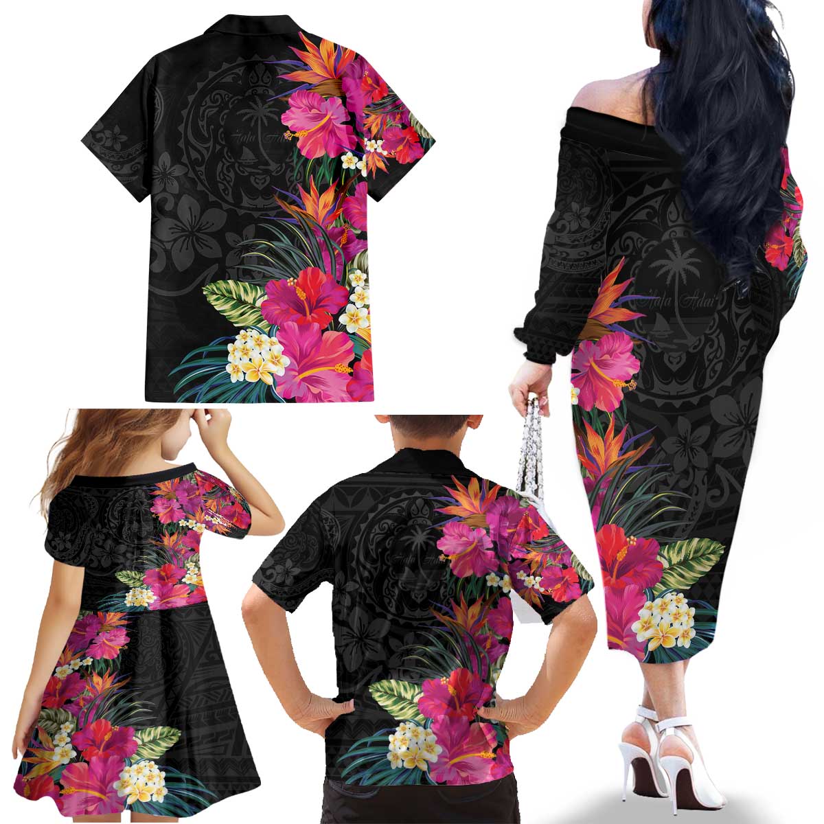 Hafa Adai Guam Family Matching Off The Shoulder Long Sleeve Dress and Hawaiian Shirt Tropical Flowers Colorful Vibes LT9 - Polynesian Pride