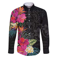 Hafa Adai Guam Family Matching Off Shoulder Maxi Dress and Hawaiian Shirt Tropical Flowers Colorful Vibes LT9 Dad's Shirt - Long Sleeve Black - Polynesian Pride