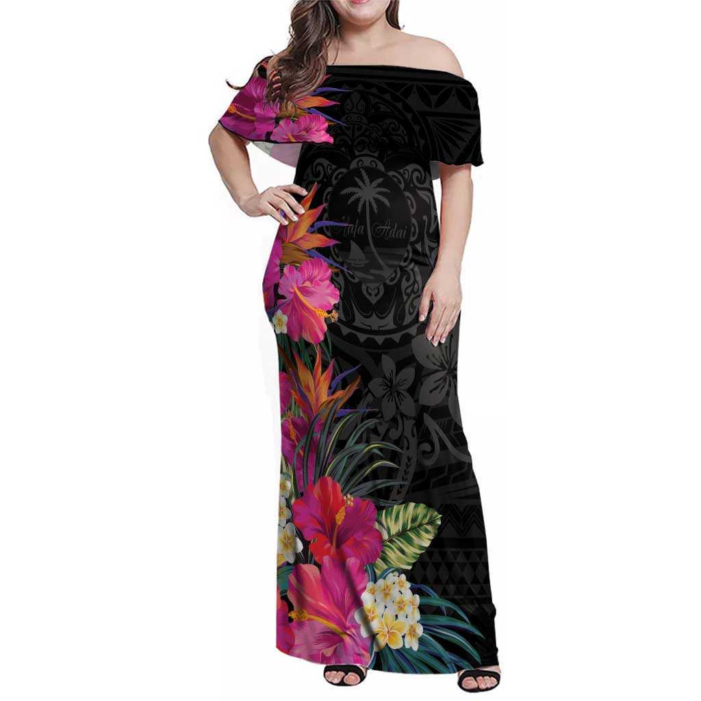 Hafa Adai Guam Family Matching Off Shoulder Maxi Dress and Hawaiian Shirt Tropical Flowers Colorful Vibes LT9 Mom's Dress Black - Polynesian Pride