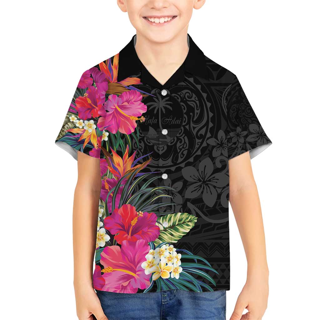 Hafa Adai Guam Family Matching Off Shoulder Maxi Dress and Hawaiian Shirt Tropical Flowers Colorful Vibes LT9 Son's Shirt Black - Polynesian Pride