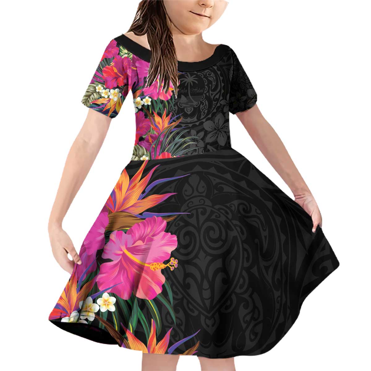 Hafa Adai Guam Family Matching Off Shoulder Short Dress and Hawaiian Shirt Tropical Flowers Colorful Vibes LT9 Daughter's Dress Black - Polynesian Pride