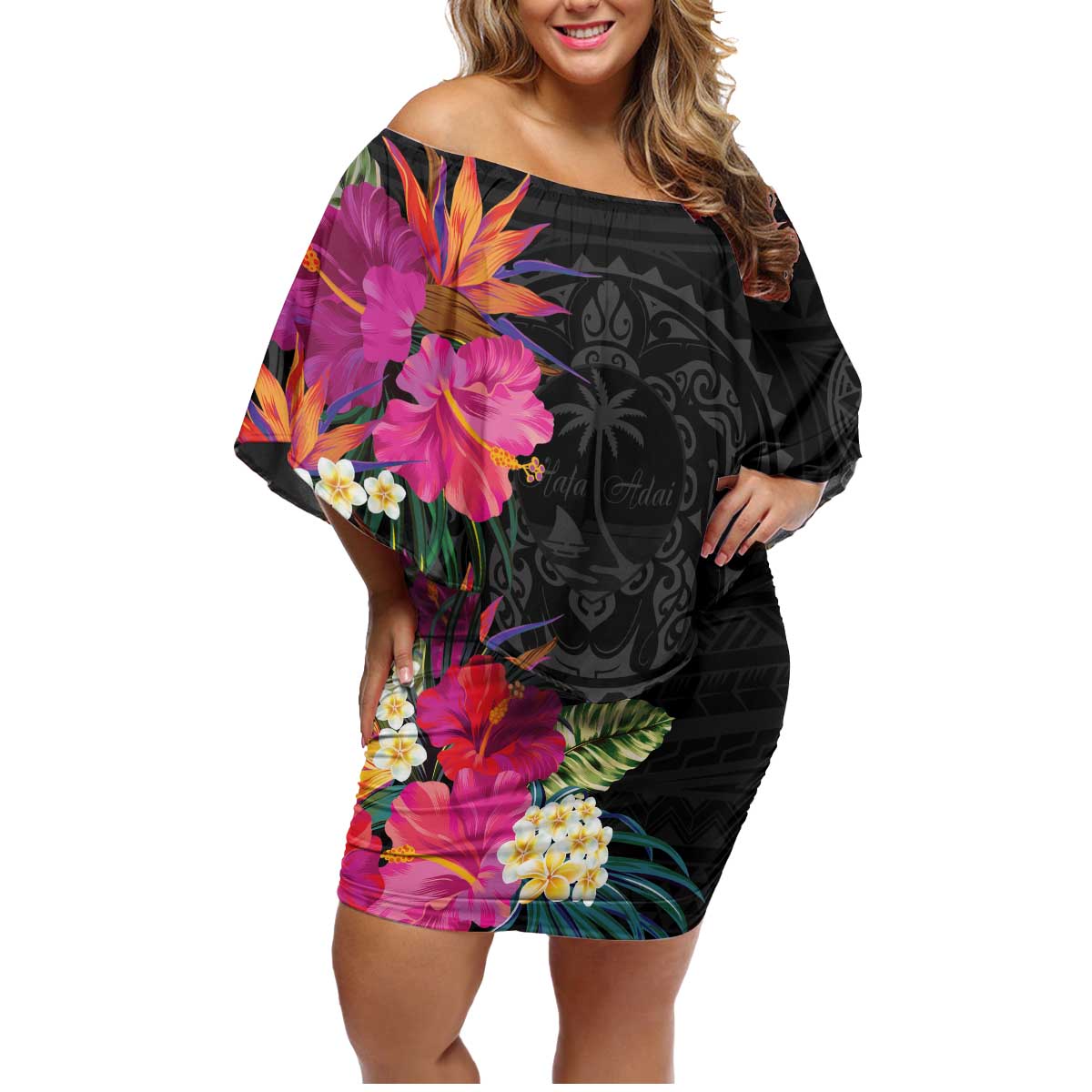 Hafa Adai Guam Family Matching Off Shoulder Short Dress and Hawaiian Shirt Tropical Flowers Colorful Vibes LT9 Mom's Dress Black - Polynesian Pride