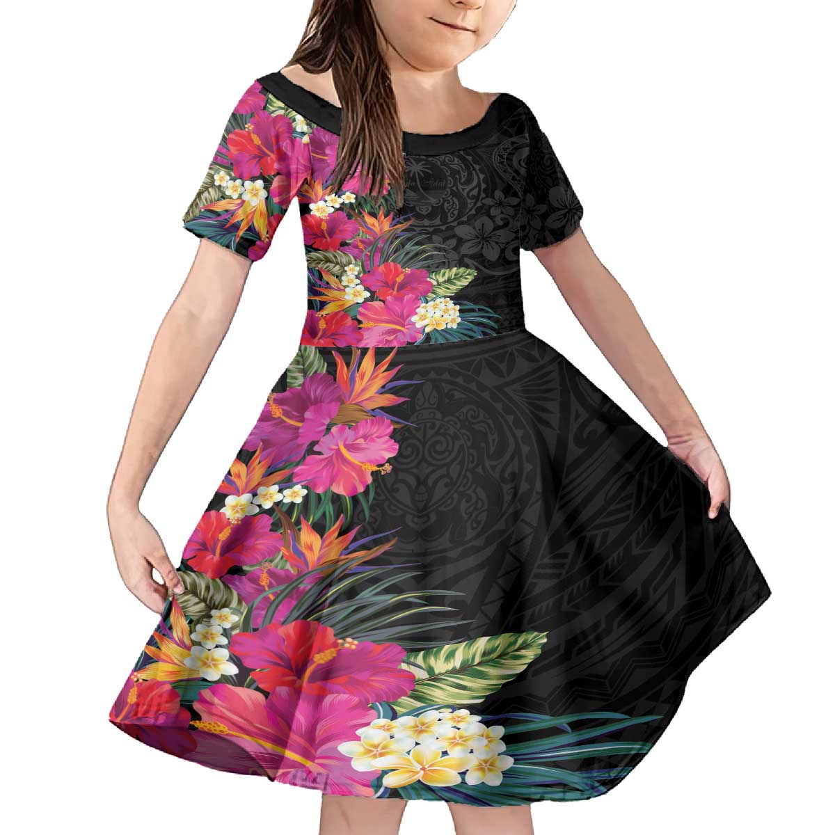 Hafa Adai Guam Family Matching Puletasi and Hawaiian Shirt Tropical Flowers Colorful Vibes LT9 Daughter's Dress Black - Polynesian Pride