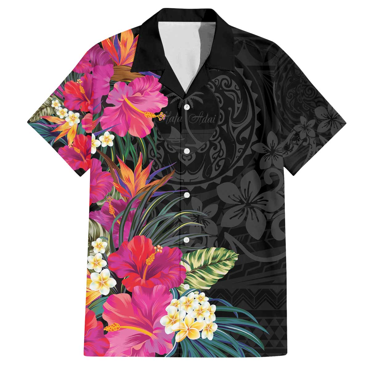Hafa Adai Guam Family Matching Puletasi and Hawaiian Shirt Tropical Flowers Colorful Vibes LT9 Dad's Shirt - Short Sleeve Black - Polynesian Pride