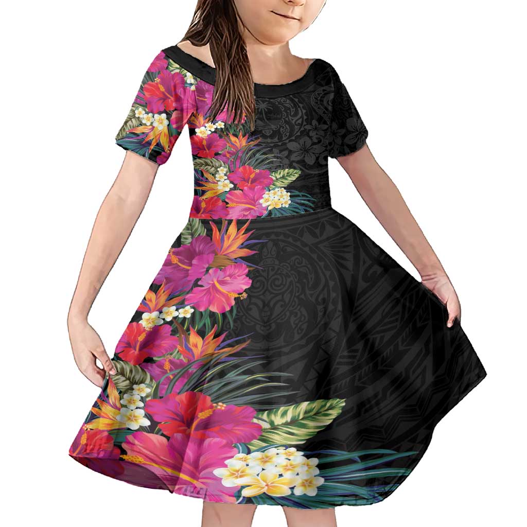 Hafa Adai Guam Family Matching Short Sleeve Bodycon Dress and Hawaiian Shirt Tropical Flowers Colorful Vibes LT9 Daughter's Dress Black - Polynesian Pride
