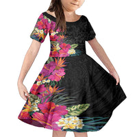 Hafa Adai Guam Family Matching Short Sleeve Bodycon Dress and Hawaiian Shirt Tropical Flowers Colorful Vibes LT9 Daughter's Dress Black - Polynesian Pride