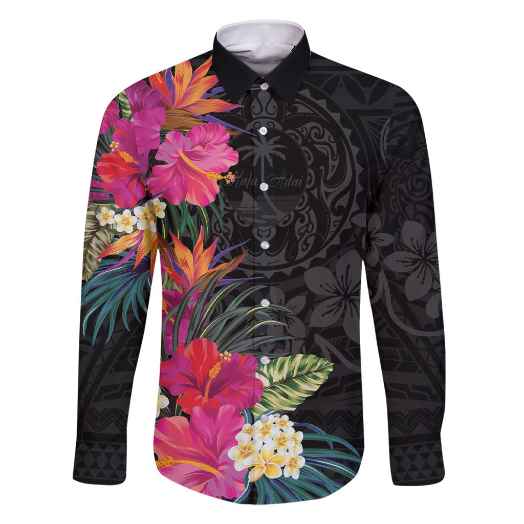 Hafa Adai Guam Family Matching Short Sleeve Bodycon Dress and Hawaiian Shirt Tropical Flowers Colorful Vibes LT9 Dad's Shirt - Long Sleeve Black - Polynesian Pride