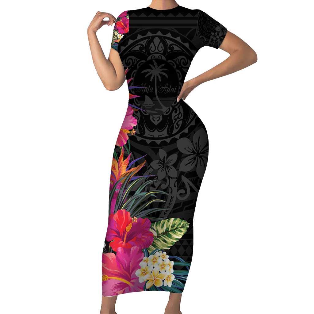 Hafa Adai Guam Family Matching Short Sleeve Bodycon Dress and Hawaiian Shirt Tropical Flowers Colorful Vibes LT9 Mom's Dress Black - Polynesian Pride