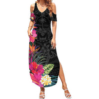 Hafa Adai Guam Family Matching Summer Maxi Dress and Hawaiian Shirt Tropical Flowers Colorful Vibes LT9 Mom's Dress Black - Polynesian Pride