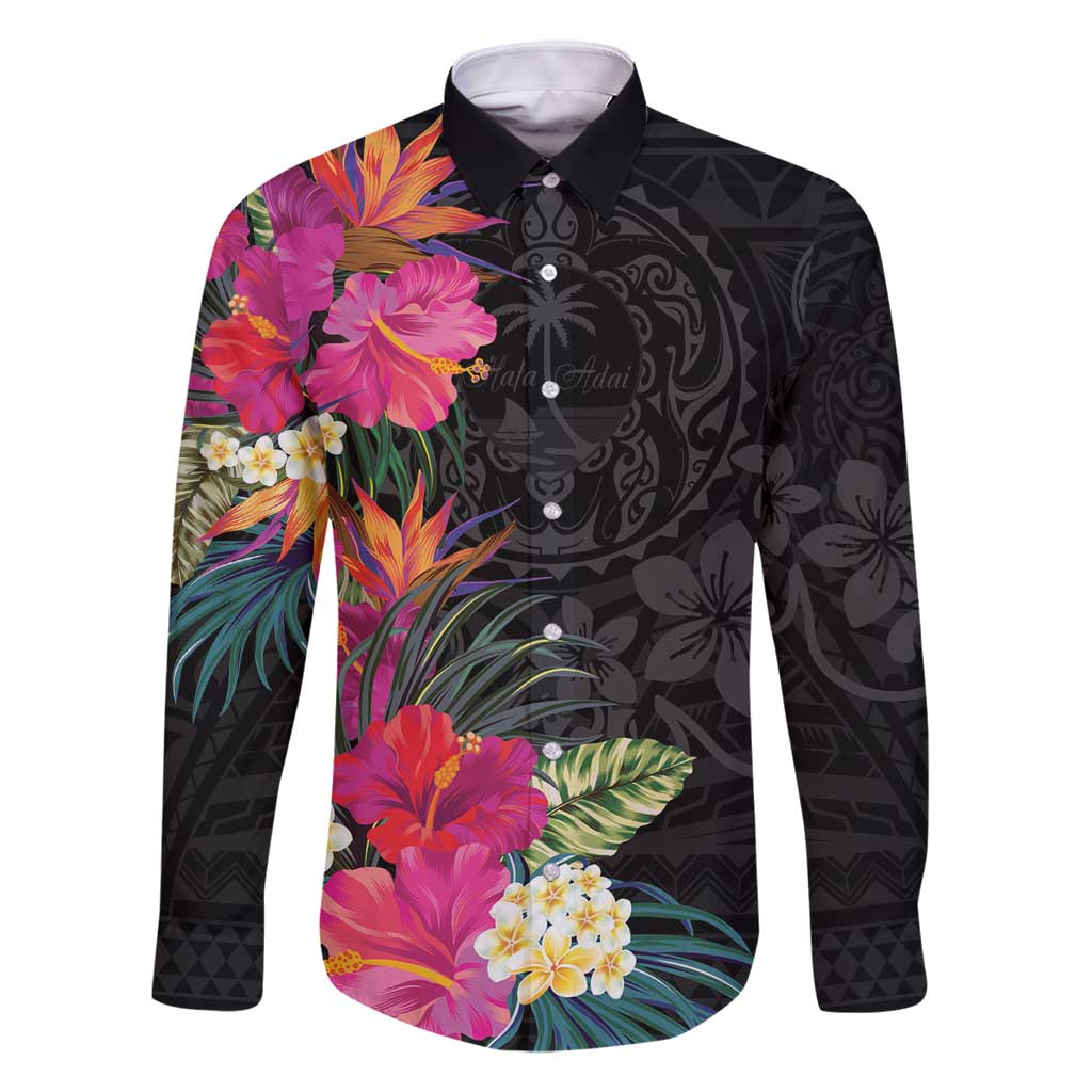 Hafa Adai Guam Family Matching Tank Maxi Dress and Hawaiian Shirt Tropical Flowers Colorful Vibes LT9 Dad's Shirt - Long Sleeve Black - Polynesian Pride