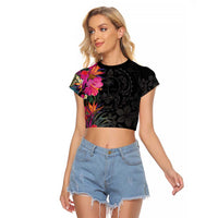 Hafa Adai Guam Raglan Cropped T Shirt Tropical Flowers Colorful Vibes LT9 Female Black - Polynesian Pride