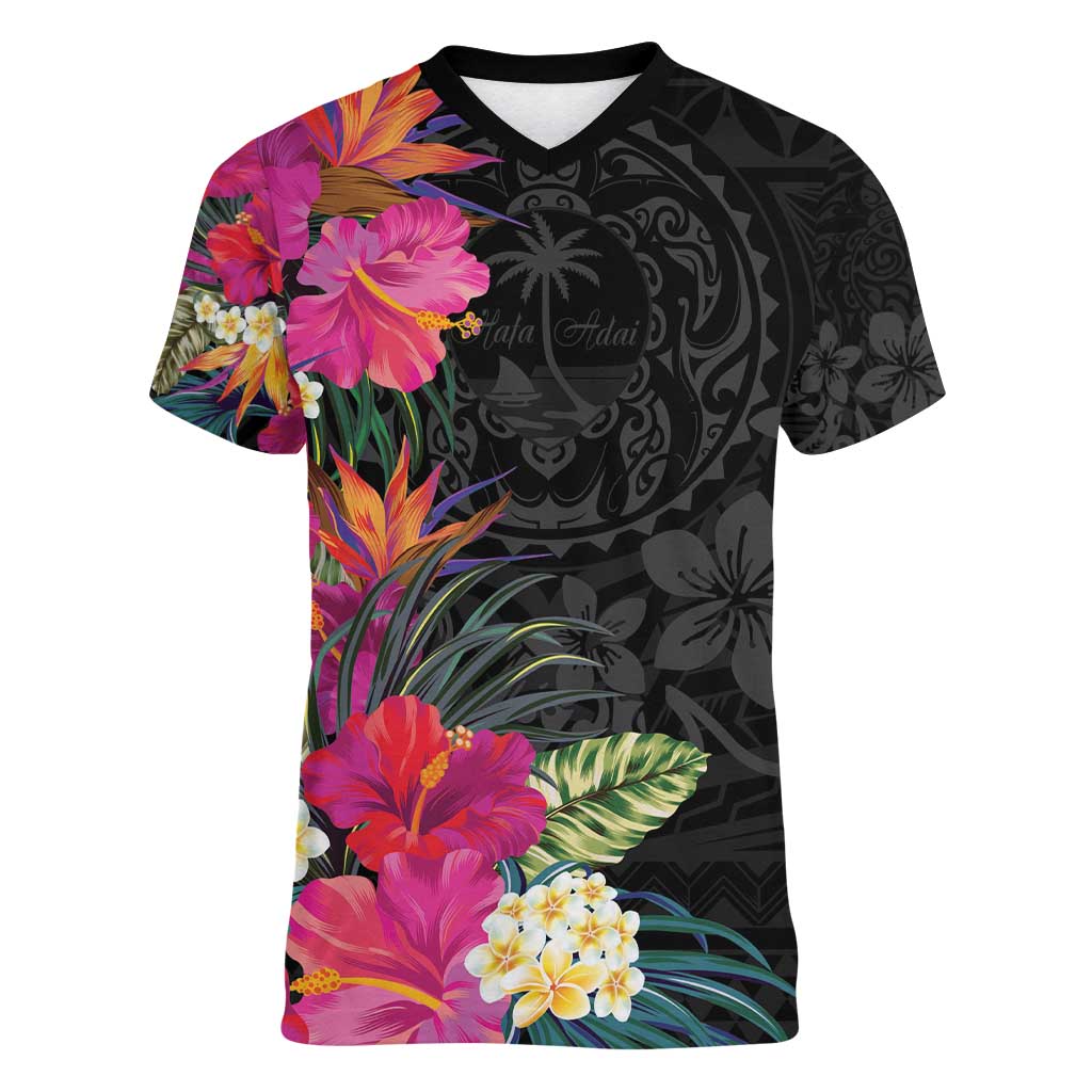 Hafa Adai Guam Women V-Neck T-Shirt Tropical Flowers Colorful Vibes LT9 Female Black - Polynesian Pride
