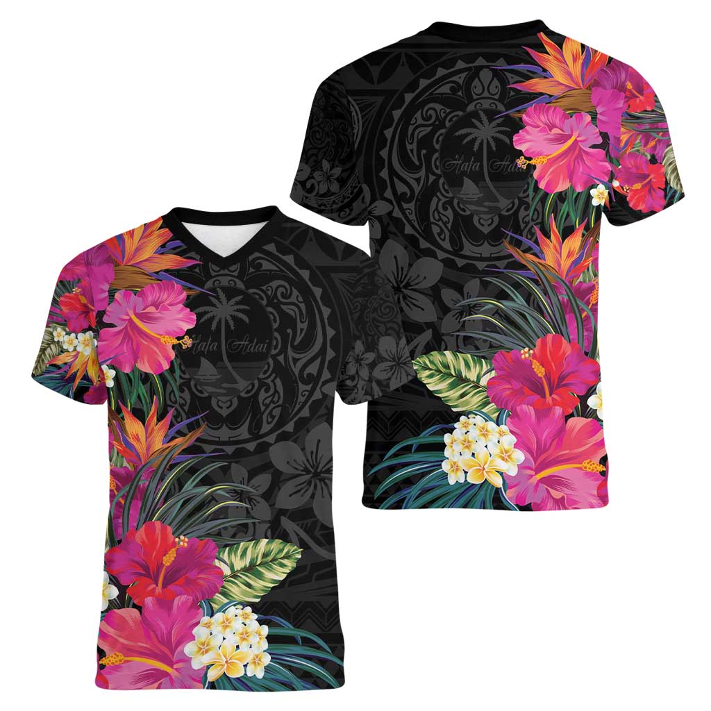 Hafa Adai Guam Women V-Neck T-Shirt Tropical Flowers Colorful Vibes LT9 - Polynesian Pride