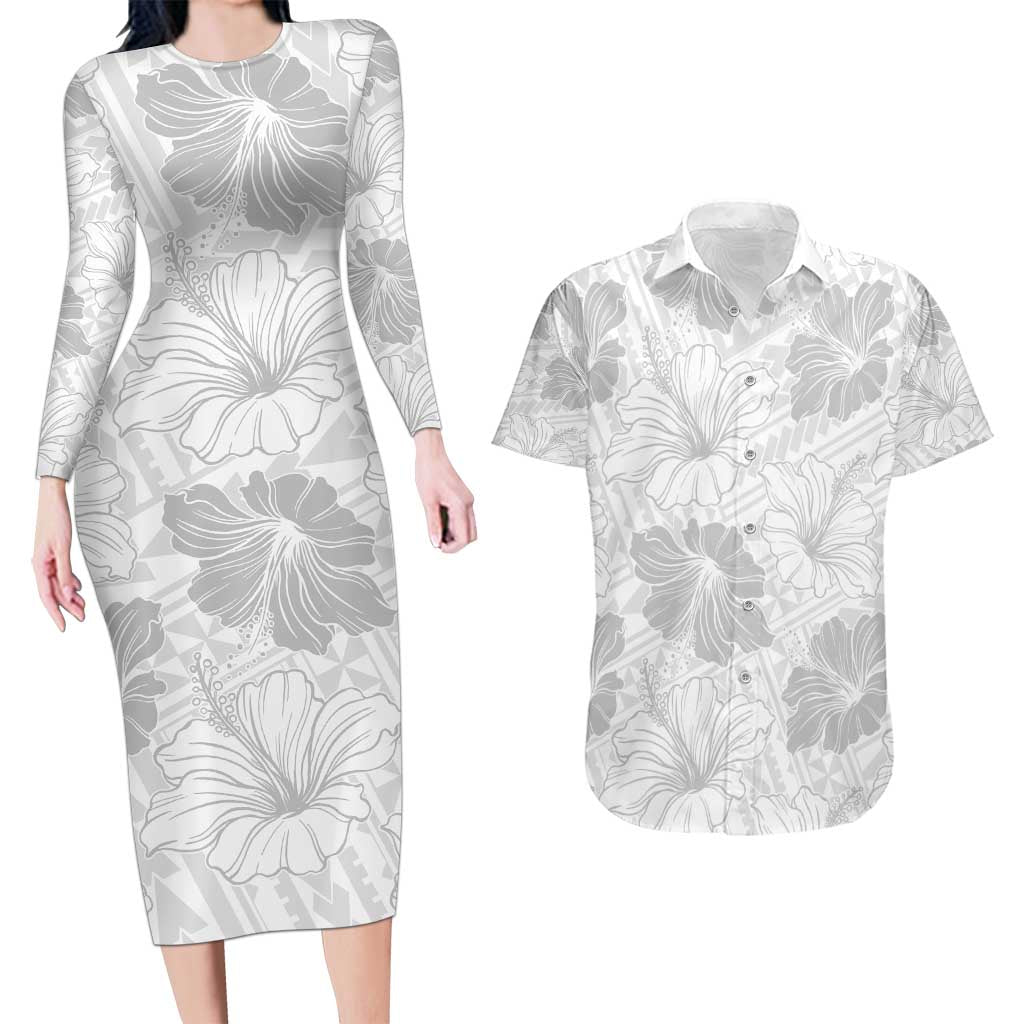 Samoa Lotu Tamaiti Couples Matching Long Sleeve Bodycon Dress and Hawaiian Shirt White Sun Day Beauty Hibiscus Ver01 LT9 White - Polynesian Pride