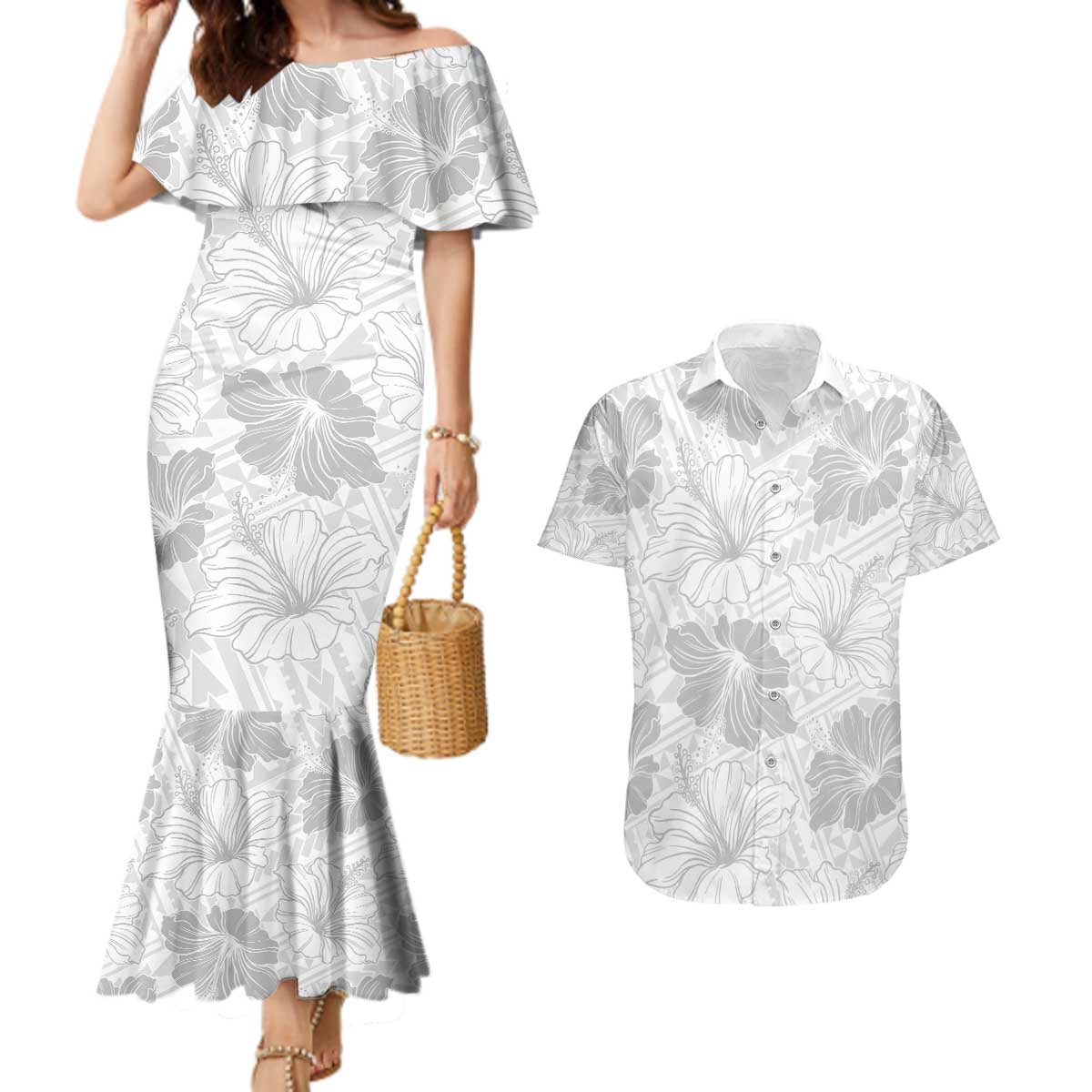Samoa Lotu Tamaiti Couples Matching Mermaid Dress and Hawaiian Shirt White Sun Day Beauty Hibiscus Ver01 LT9 White - Polynesian Pride