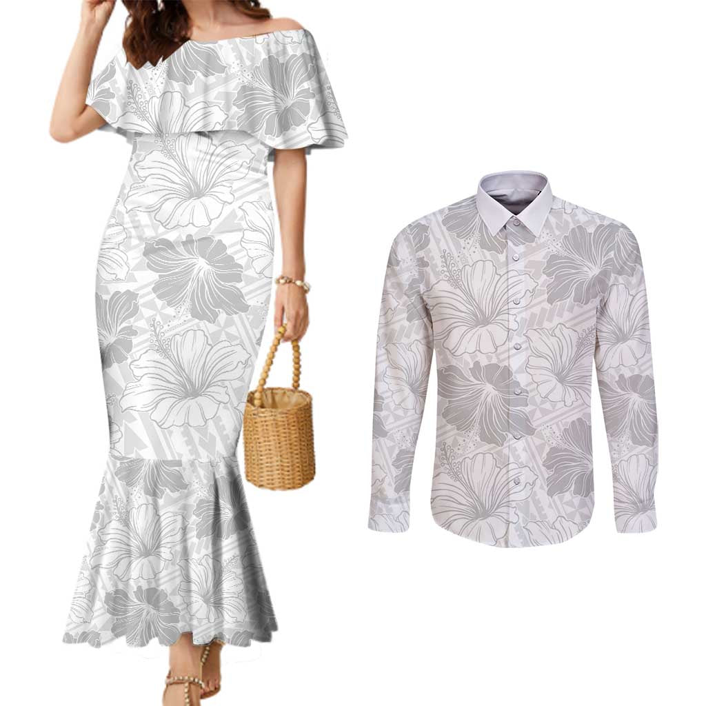 Samoa Lotu Tamaiti Couples Matching Mermaid Dress and Long Sleeve Button Shirt White Sun Day Beauty Hibiscus Ver01 LT9 White - Polynesian Pride