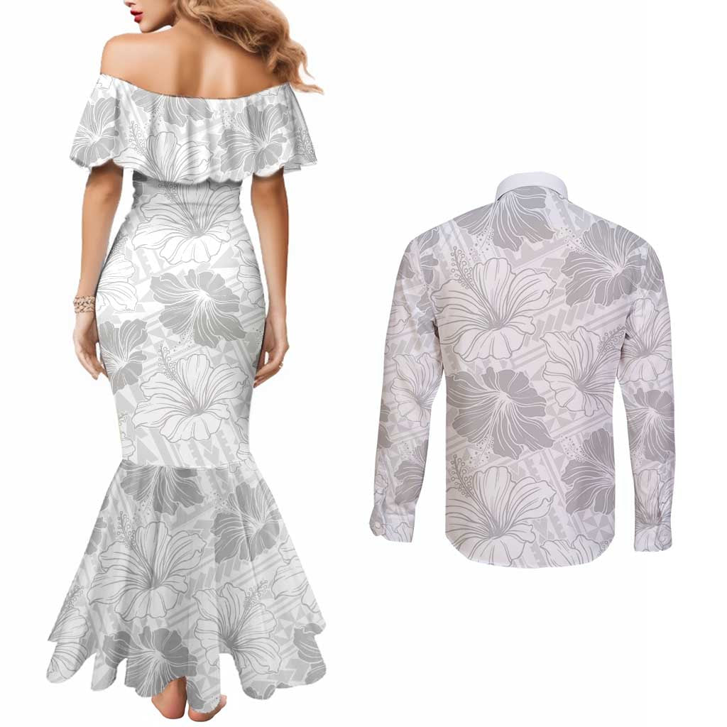 Samoa Lotu Tamaiti Couples Matching Mermaid Dress and Long Sleeve Button Shirt White Sun Day Beauty Hibiscus Ver01 LT9 - Polynesian Pride