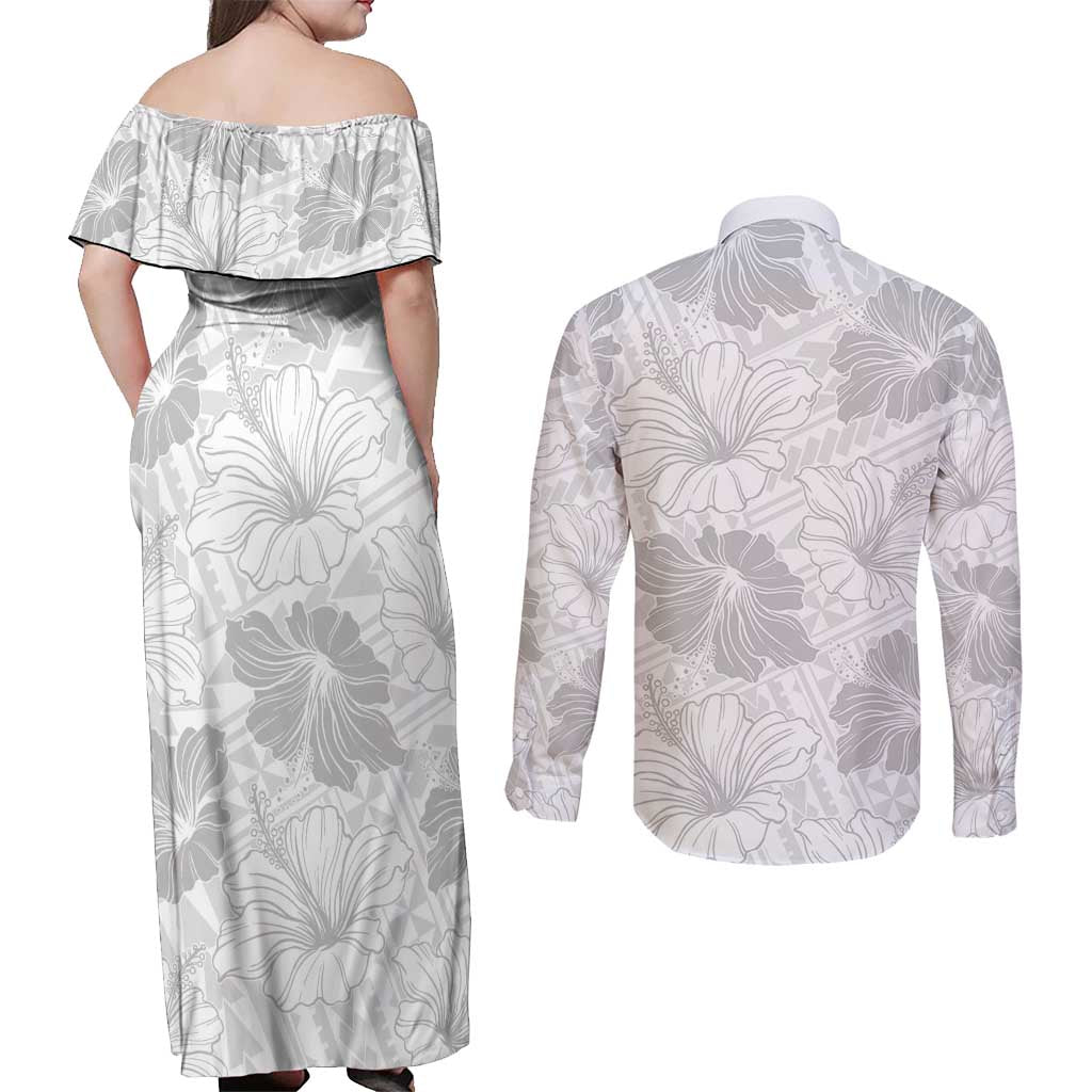 Samoa Lotu Tamaiti Couples Matching Off Shoulder Maxi Dress and Long Sleeve Button Shirt White Sun Day Beauty Hibiscus Ver01 LT9 - Polynesian Pride
