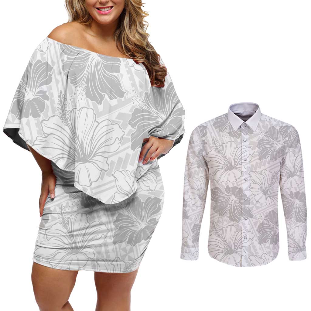 Samoa Lotu Tamaiti Couples Matching Off Shoulder Short Dress and Long Sleeve Button Shirt White Sun Day Beauty Hibiscus Ver01 LT9 White - Polynesian Pride