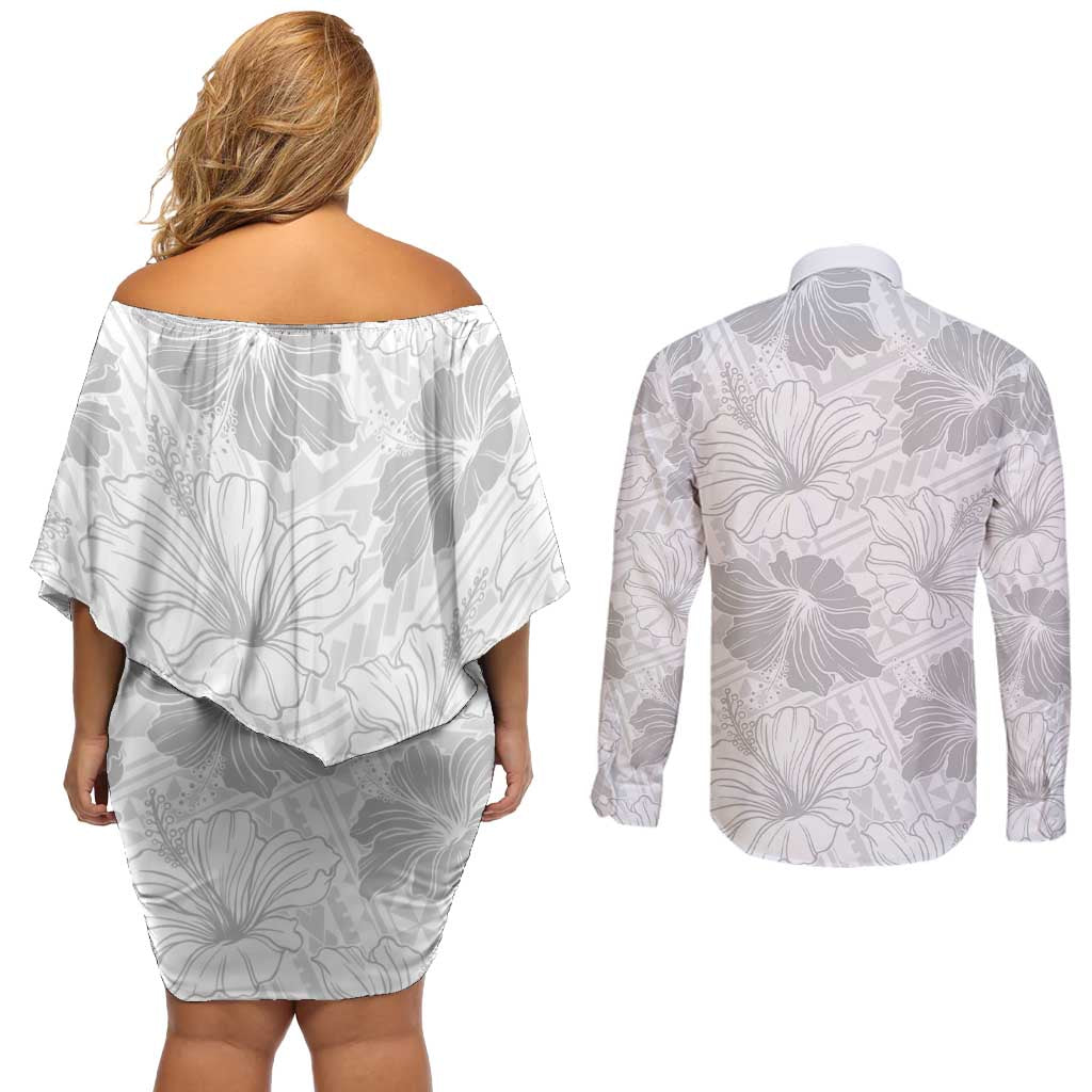 Samoa Lotu Tamaiti Couples Matching Off Shoulder Short Dress and Long Sleeve Button Shirt White Sun Day Beauty Hibiscus Ver01 LT9 - Polynesian Pride