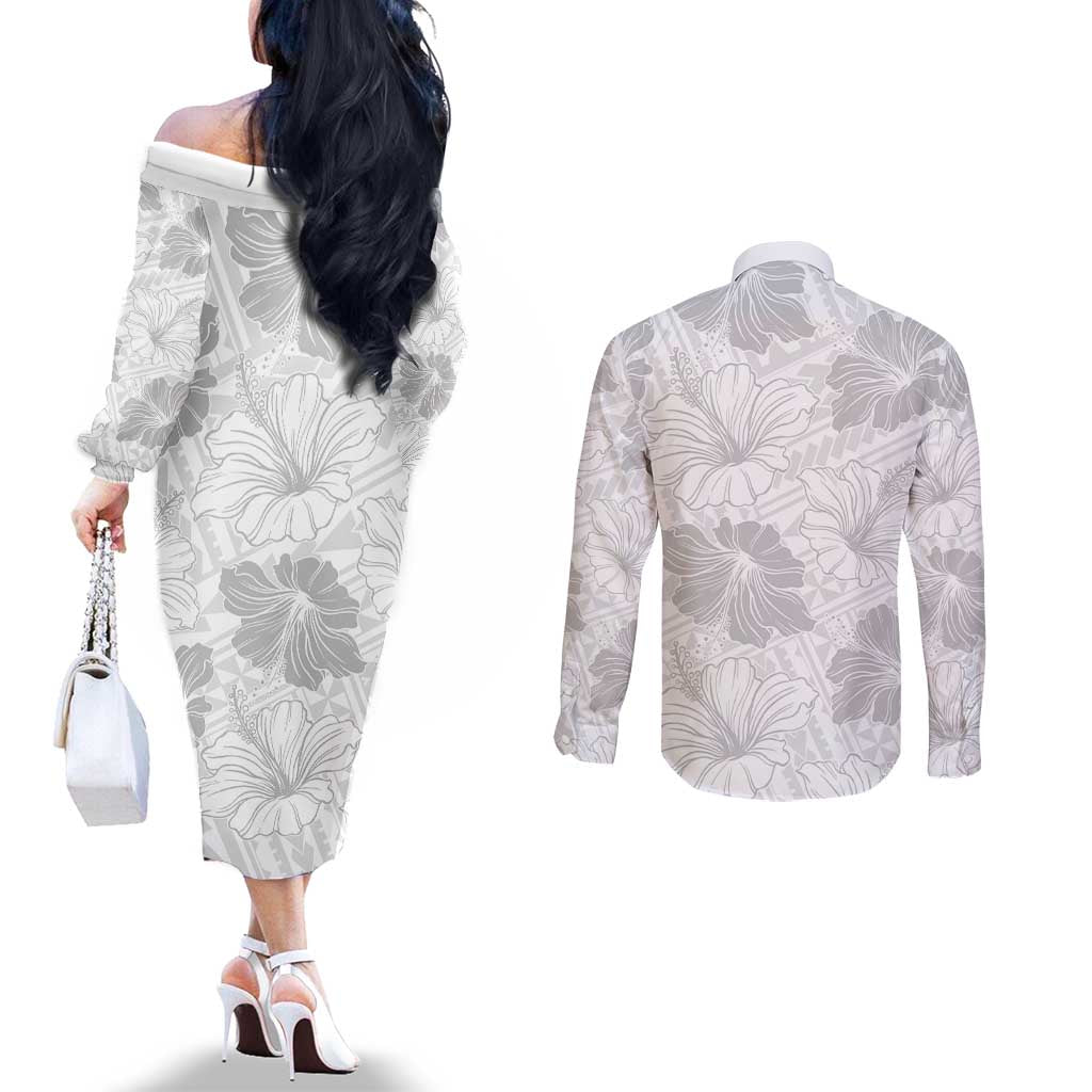 Samoa Lotu Tamaiti Couples Matching Off The Shoulder Long Sleeve Dress and Long Sleeve Button Shirt White Sun Day Beauty Hibiscus Ver01 LT9 - Polynesian Pride