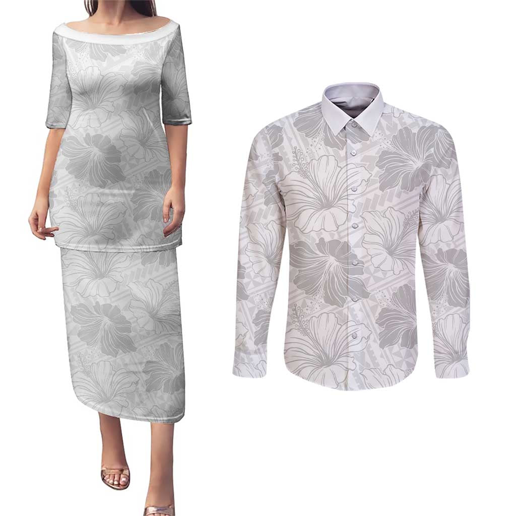 Samoa Lotu Tamaiti Couples Matching Puletasi and Long Sleeve Button Shirt White Sun Day Beauty Hibiscus Ver01 LT9 White - Polynesian Pride
