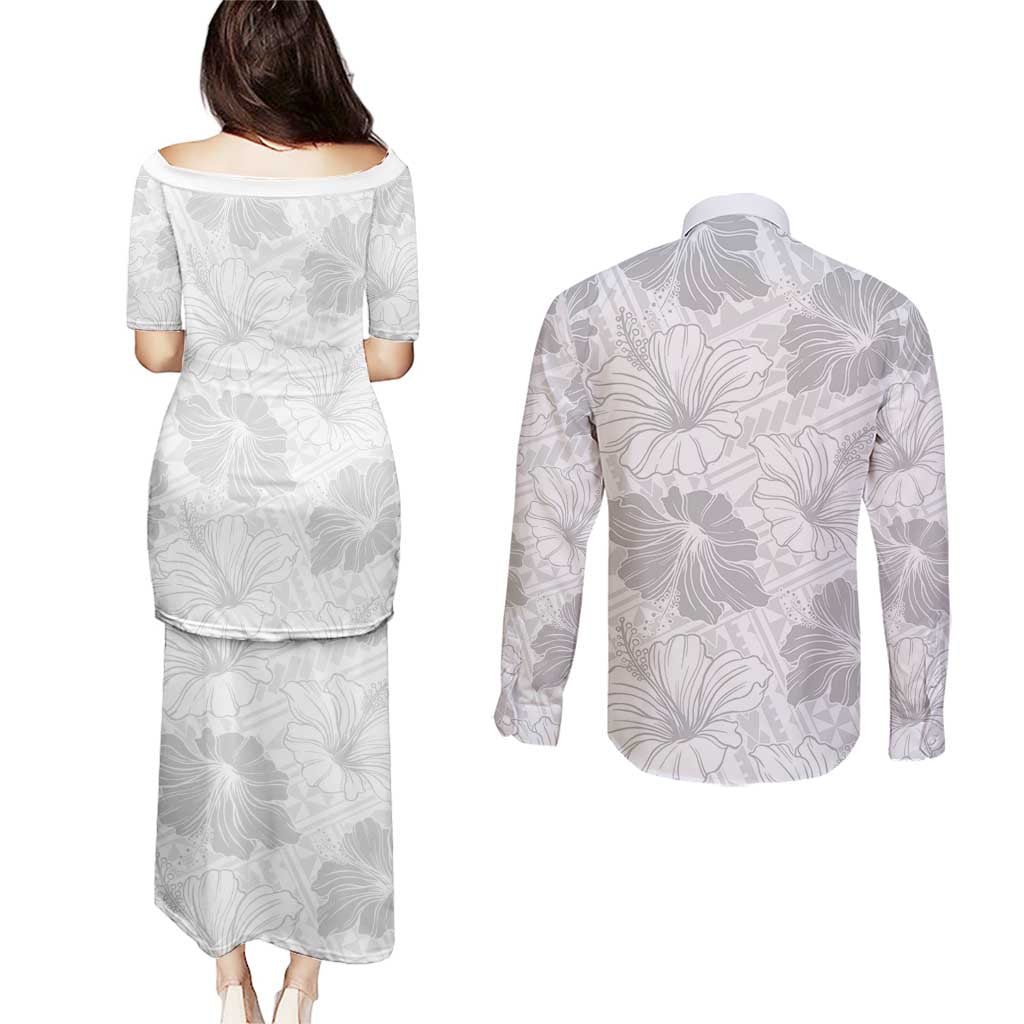 Samoa Lotu Tamaiti Couples Matching Puletasi and Long Sleeve Button Shirt White Sun Day Beauty Hibiscus Ver01 LT9 - Polynesian Pride