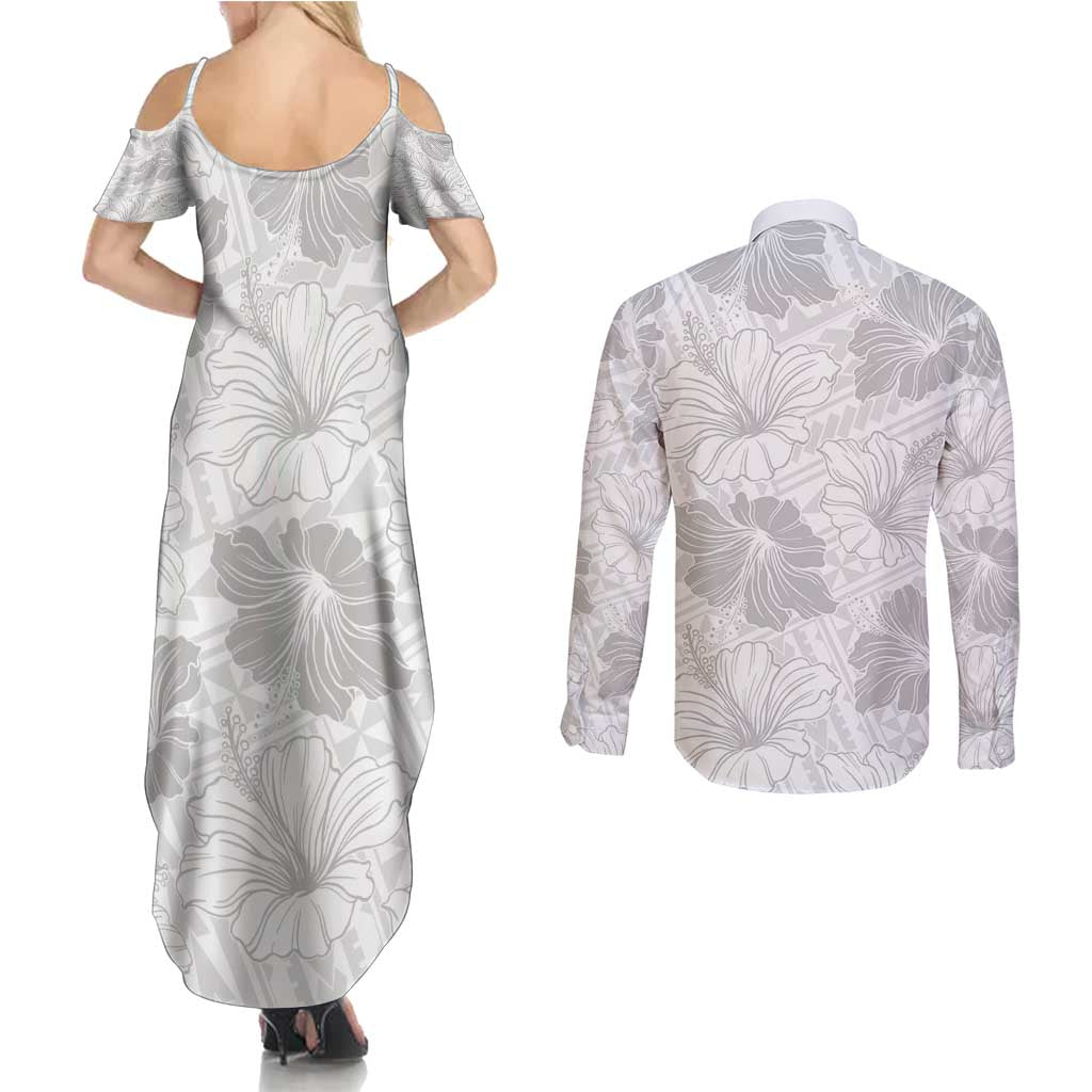 Samoa Lotu Tamaiti Couples Matching Summer Maxi Dress and Long Sleeve Button Shirt White Sun Day Beauty Hibiscus Ver01 LT9 - Polynesian Pride