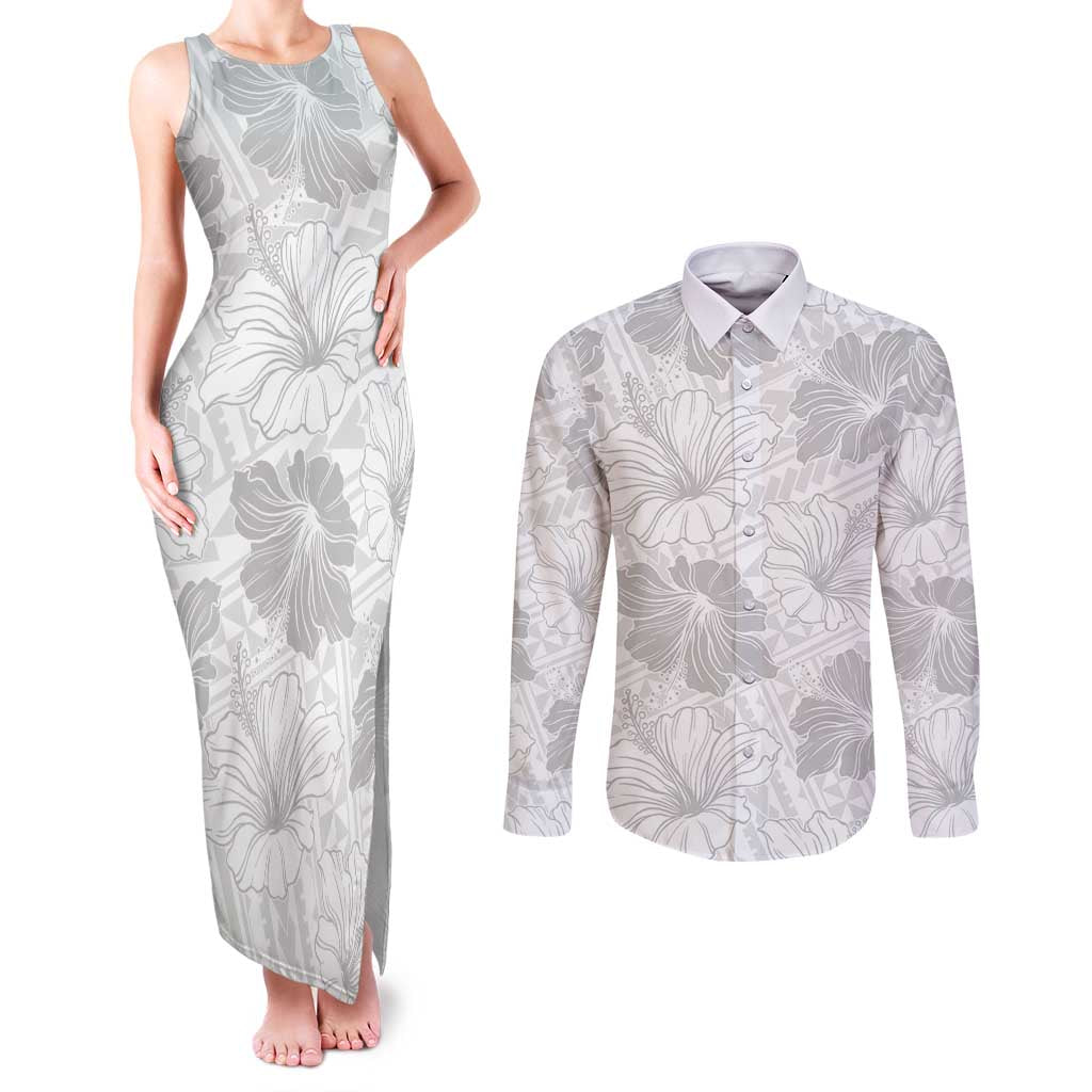 Samoa Lotu Tamaiti Couples Matching Tank Maxi Dress and Long Sleeve Button Shirt White Sun Day Beauty Hibiscus Ver01 LT9 White - Polynesian Pride