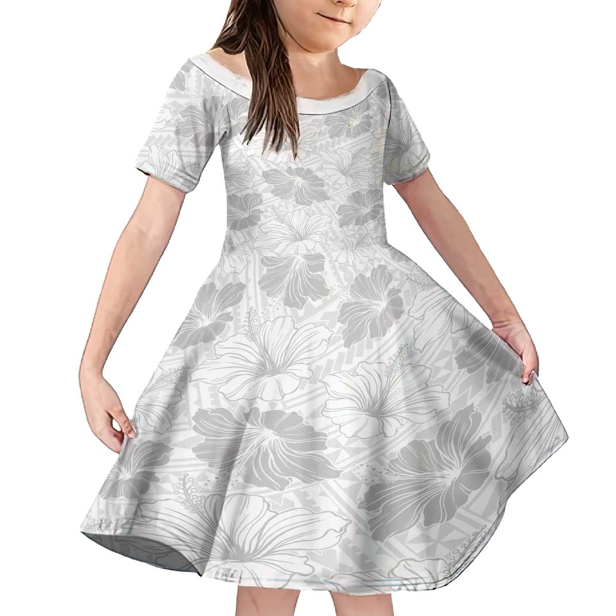 Samoa Lotu Tamaiti Family Matching Off The Shoulder Long Sleeve Dress and Hawaiian Shirt White Sun Day Beauty Hibiscus Ver01 LT9 Daughter's Dress White - Polynesian Pride