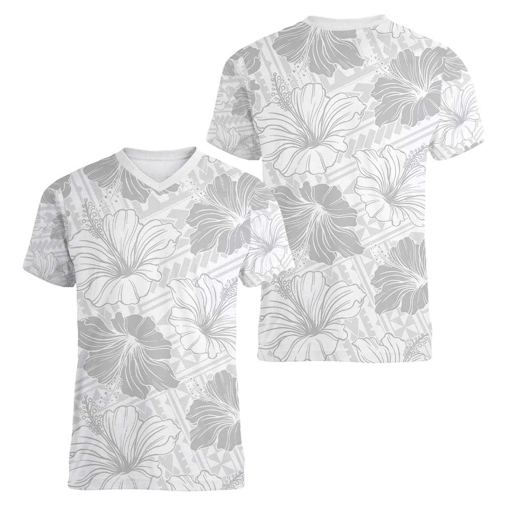 Samoa Lotu Tamaiti Women V-Neck T-Shirt White Sun Day Beauty Hibiscus Ver01 LT9 - Polynesian Pride