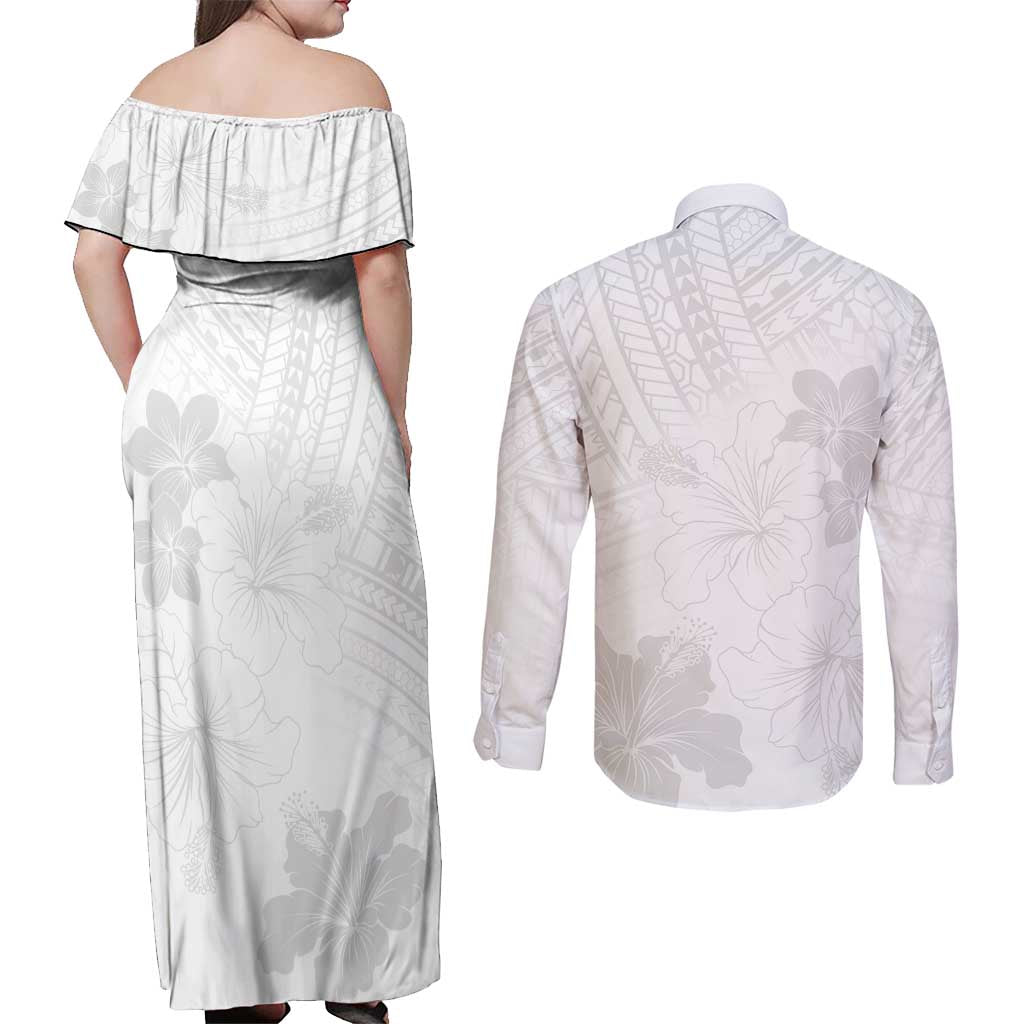 Samoa Lotu Tamaiti Couples Matching Off Shoulder Maxi Dress and Long Sleeve Button Shirt White Sun Day Beauty Hibiscus Ver02 LT9 - Polynesian Pride