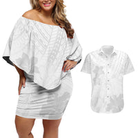 Samoa Lotu Tamaiti Couples Matching Off Shoulder Short Dress and Hawaiian Shirt White Sun Day Beauty Hibiscus Ver02 LT9 White - Polynesian Pride