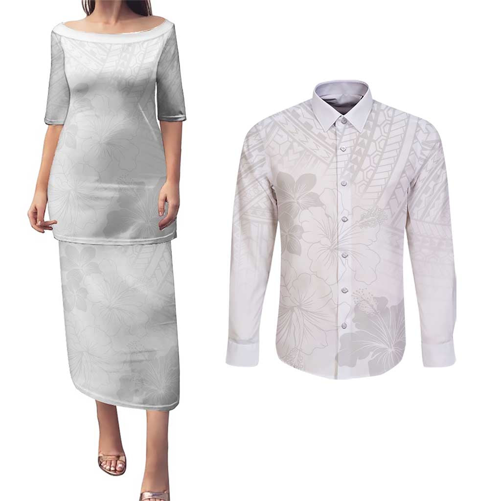 Samoa Lotu Tamaiti Couples Matching Puletasi and Long Sleeve Button Shirt White Sun Day Beauty Hibiscus Ver02 LT9 White - Polynesian Pride