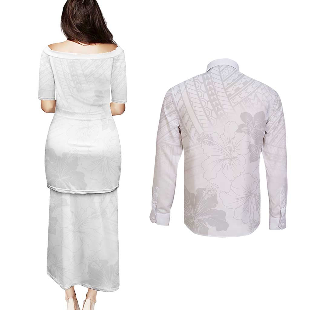 Samoa Lotu Tamaiti Couples Matching Puletasi and Long Sleeve Button Shirt White Sun Day Beauty Hibiscus Ver02 LT9 - Polynesian Pride