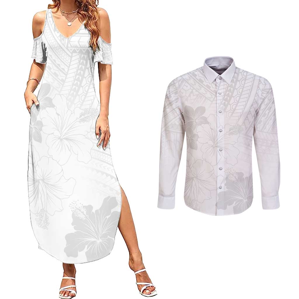 Samoa Lotu Tamaiti Couples Matching Summer Maxi Dress and Long Sleeve Button Shirt White Sun Day Beauty Hibiscus Ver02 LT9 White - Polynesian Pride