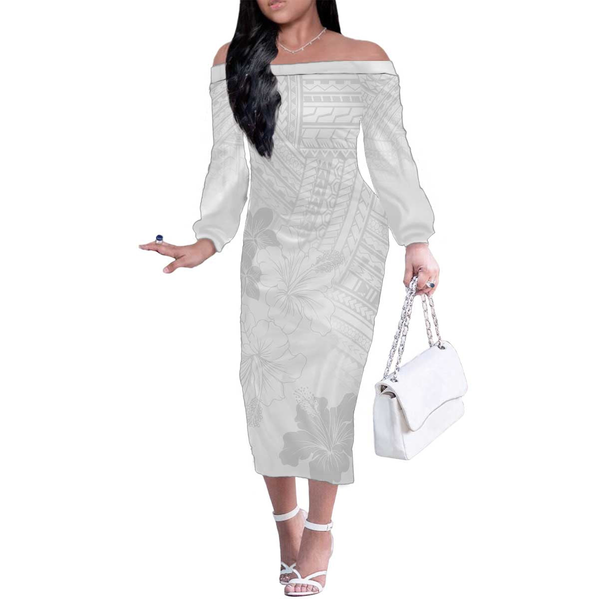 Samoa Lotu Tamaiti Family Matching Off The Shoulder Long Sleeve Dress and Hawaiian Shirt White Sun Day Beauty Hibiscus Ver02 LT9 Mom's Dress White - Polynesian Pride