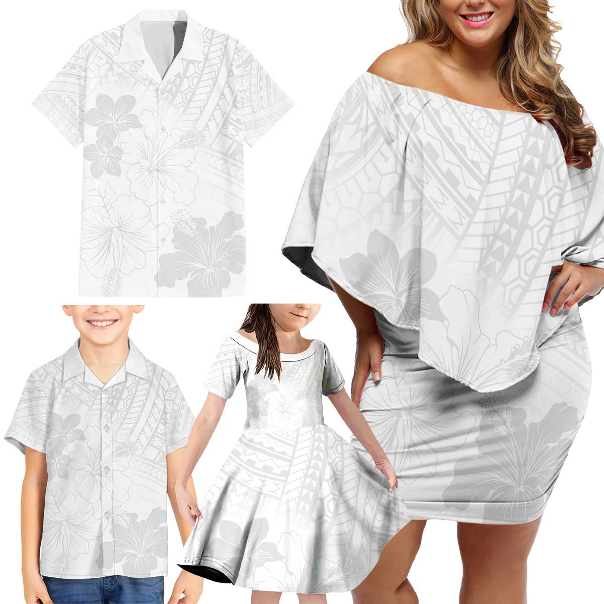 Samoa Lotu Tamaiti Family Matching Off Shoulder Short Dress and Hawaiian Shirt White Sun Day Beauty Hibiscus Ver02 LT9 - Polynesian Pride