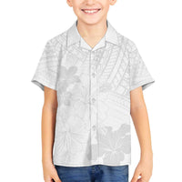 Samoa Lotu Tamaiti Family Matching Off Shoulder Short Dress and Hawaiian Shirt White Sun Day Beauty Hibiscus Ver02 LT9 Son's Shirt White - Polynesian Pride