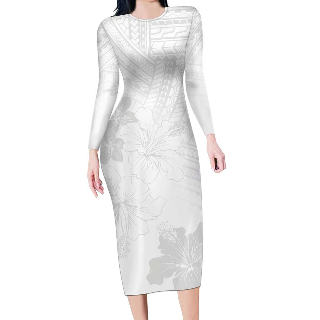 Samoa Lotu Tamaiti Long Sleeve Bodycon Dress White Sun Day Beauty Hibiscus Ver02 LT9 Long Dress White - Polynesian Pride