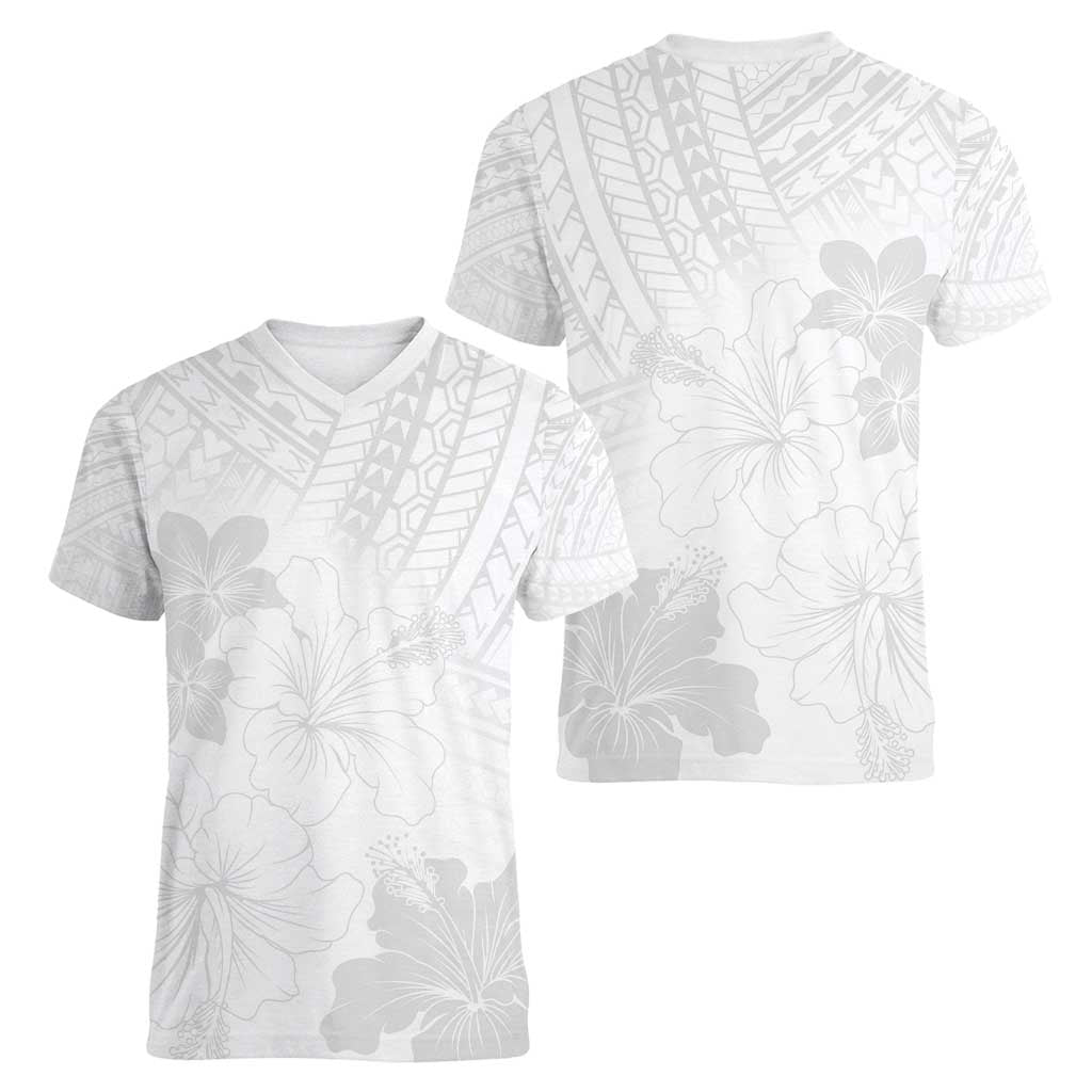 Samoa Lotu Tamaiti Women V-Neck T-Shirt White Sun Day Beauty Hibiscus Ver02 LT9 - Polynesian Pride